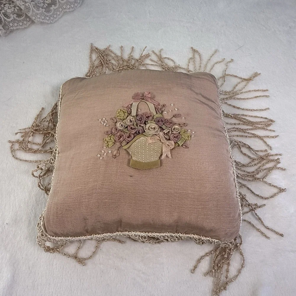 Vintage Boudoir Pillow Pair Ribbonwork Roses Lace Crochet Victorian Style